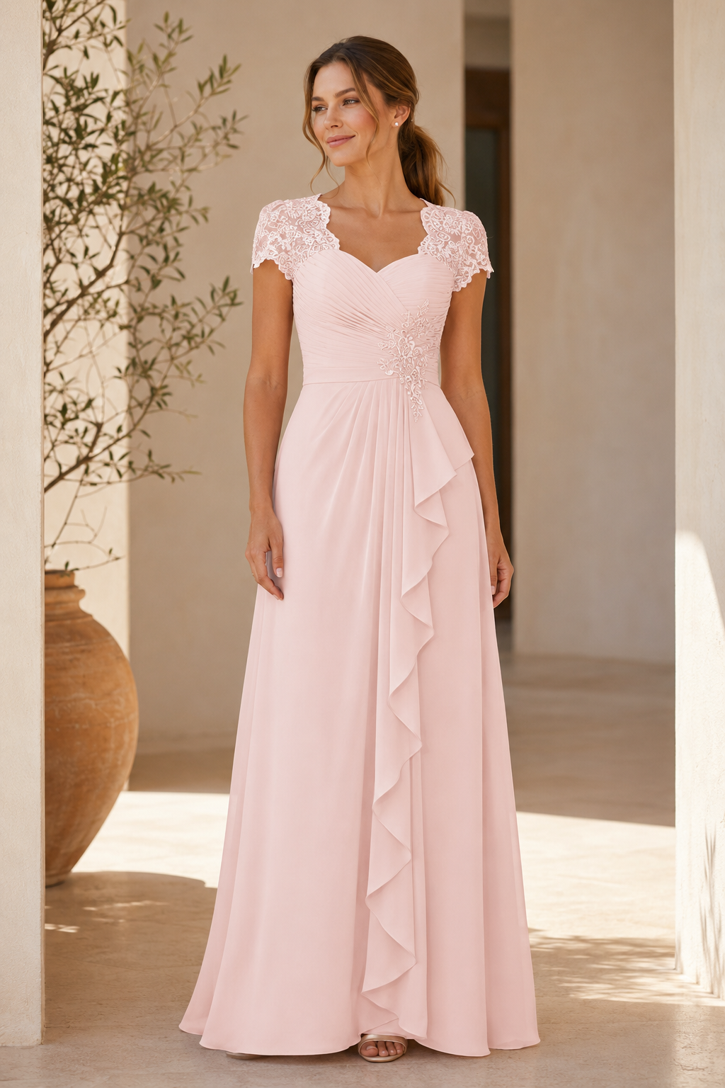 Vestido largo fruncido con volantes y mangas de encaje