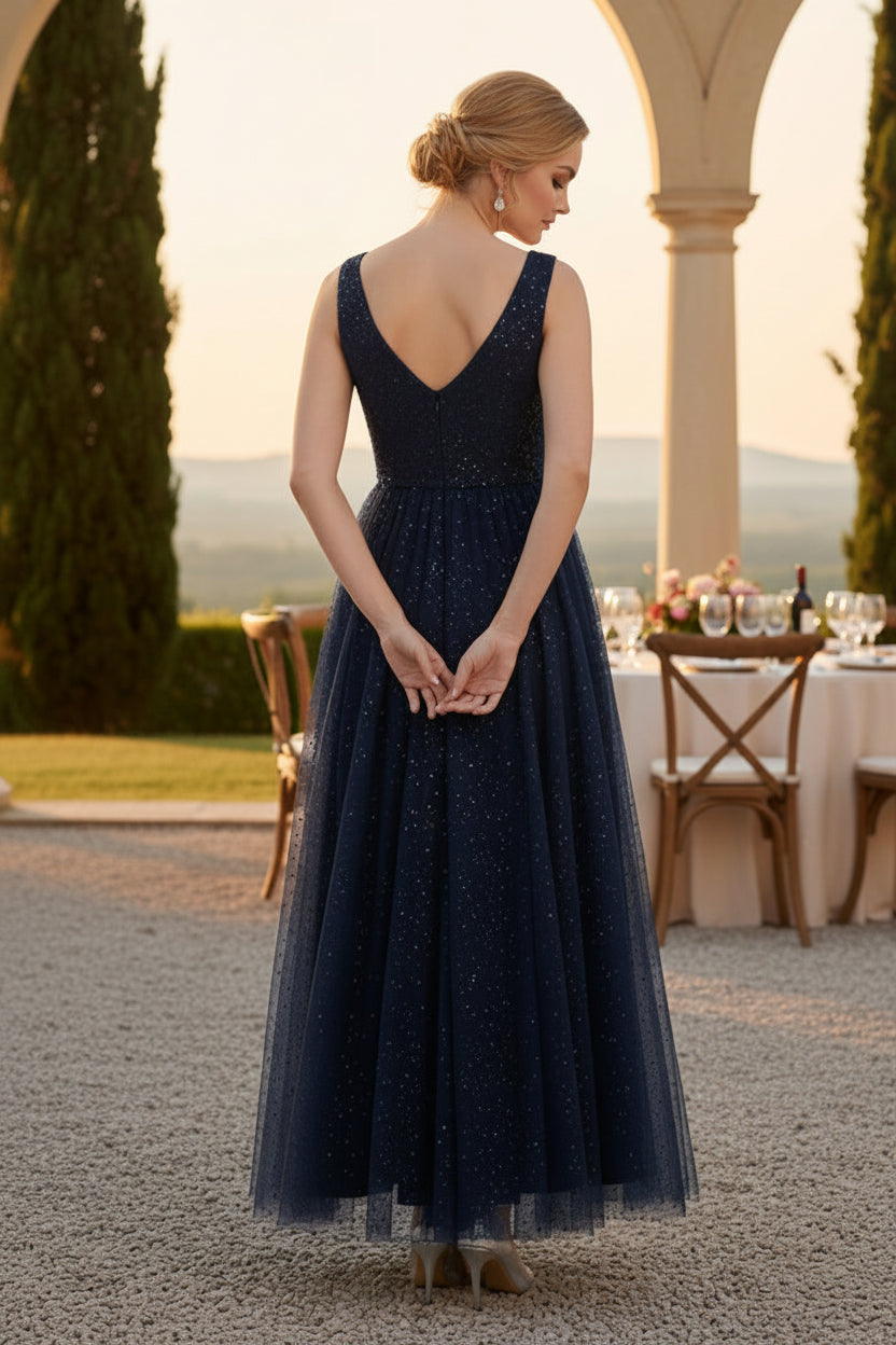 Elegante vestido de noche de tul con lentejuelas, escote en V y corte A