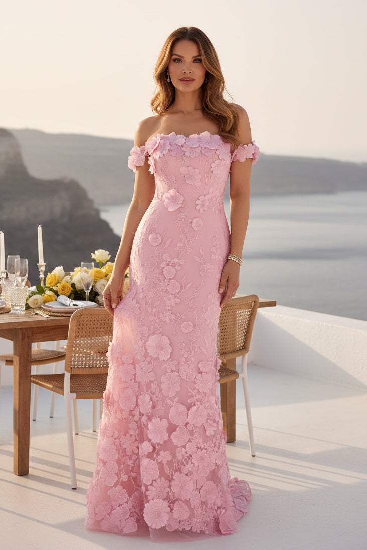 Vestido de Noche Ajustado con Hombros Descubiertos y Flores en 3D