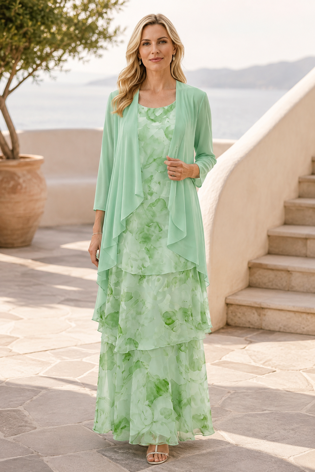Vestido maxi escalonado con estampado floral y chaqueta a juego