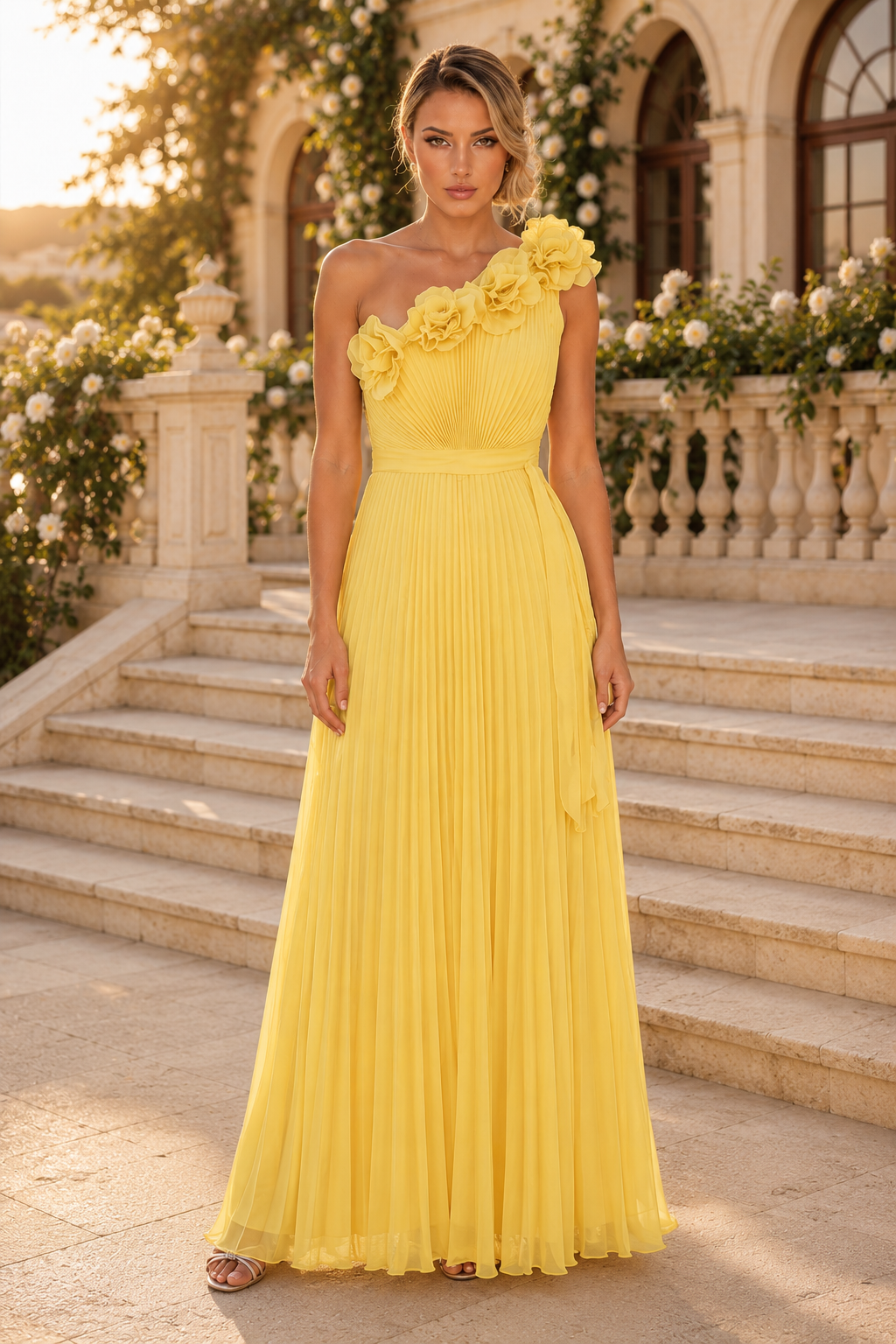 Vestido largo plisado en línea A con estampado floral y un solo hombro