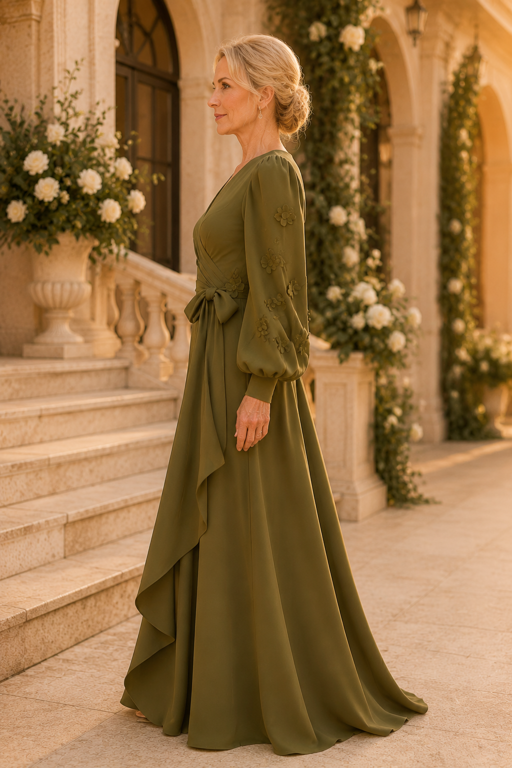 Vestido de noche cruzado corte A con mangas de flores 3D
