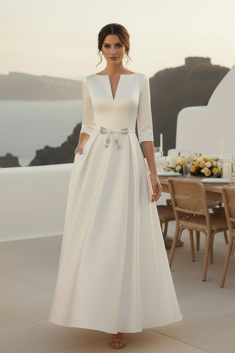 Vestido Midi de Satén con Manga 3/4 Corte Evasé y Bolsillos