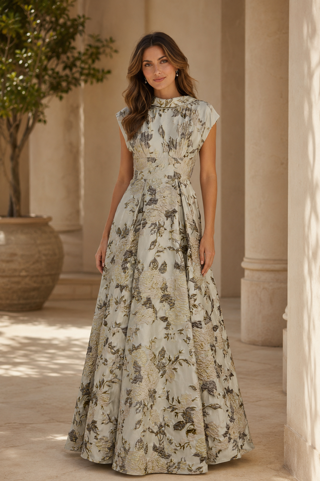 Vestido de noche acampanado de jacquard floral con espalda en V