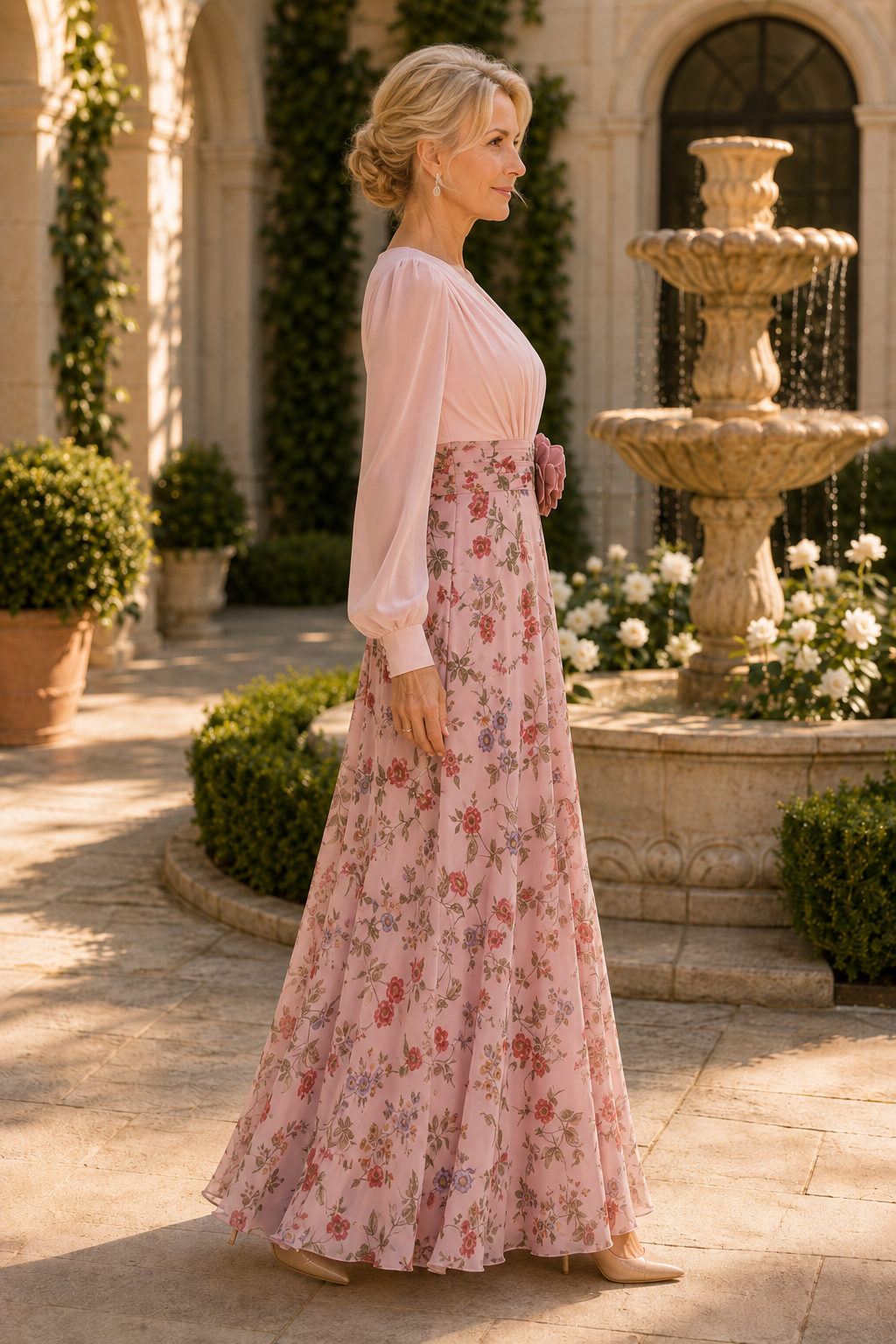 Vestido maxi floral corte A con manga larga