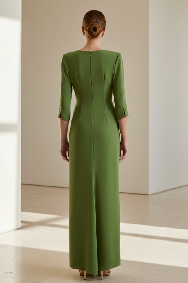 Vestido de Noche Largo con Cuello en V, Manga Francesa y Cintura Fruncida