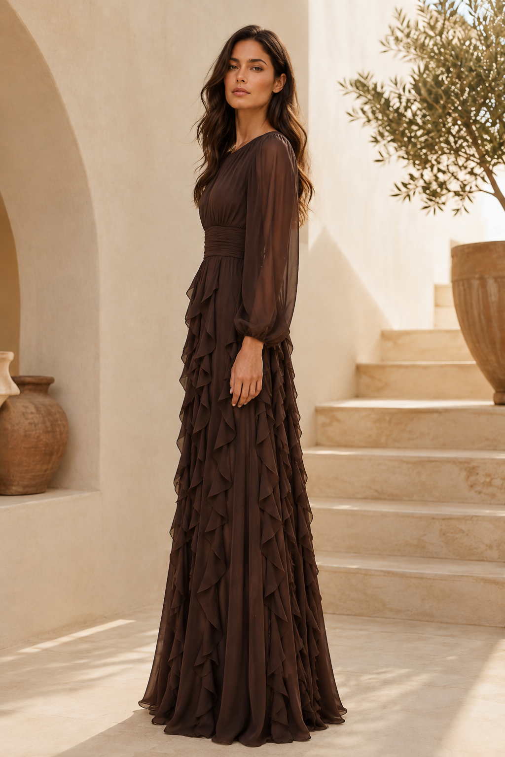 Vestido largo con volantes escalonados de manga larga