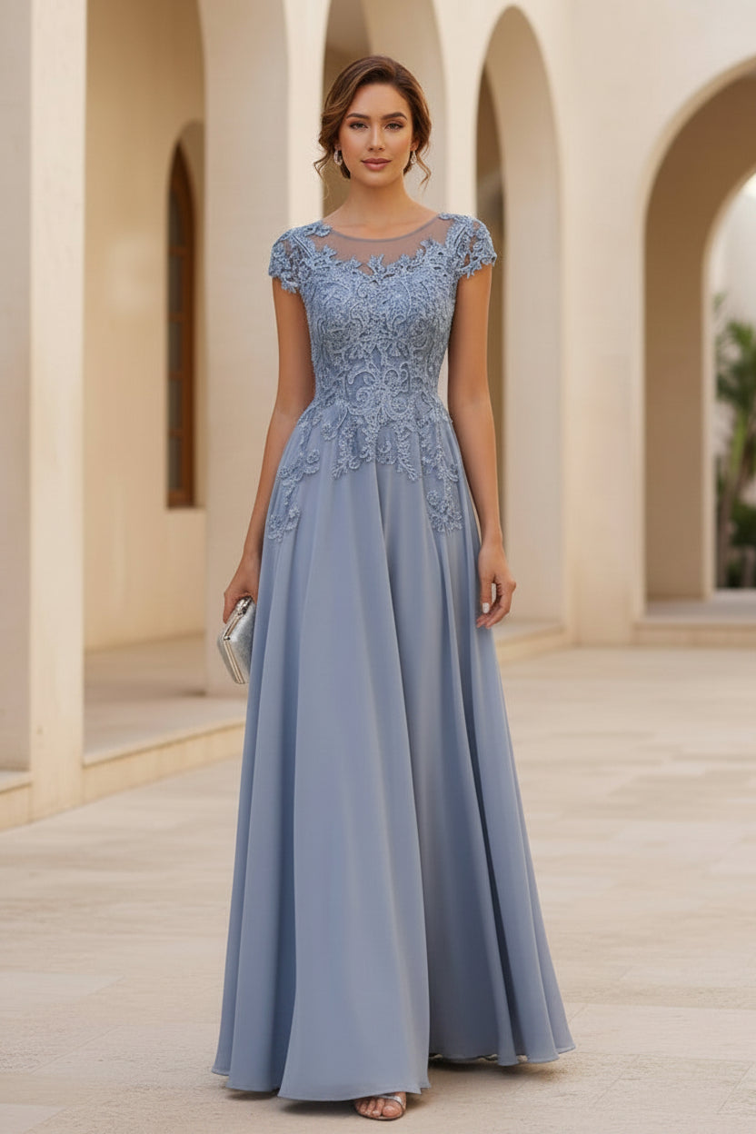 Vestido de noche formal de gasa con apliques de encaje y manga casquillo de corte A