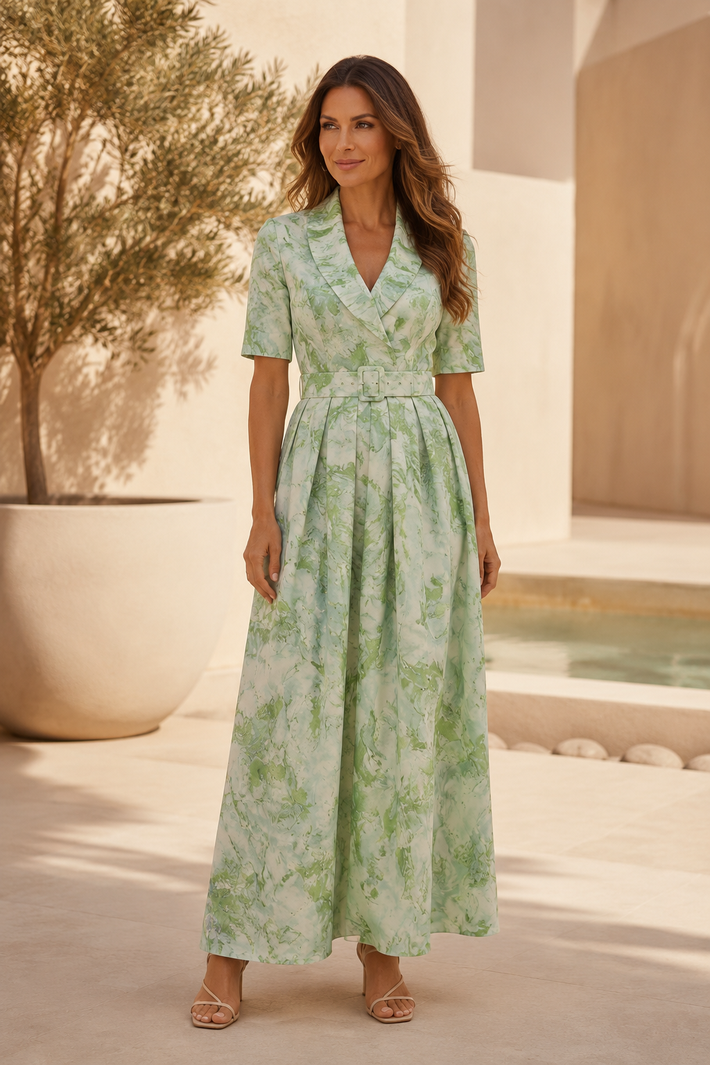 Vestido Midi Plisado con Cuello y Cinturón
