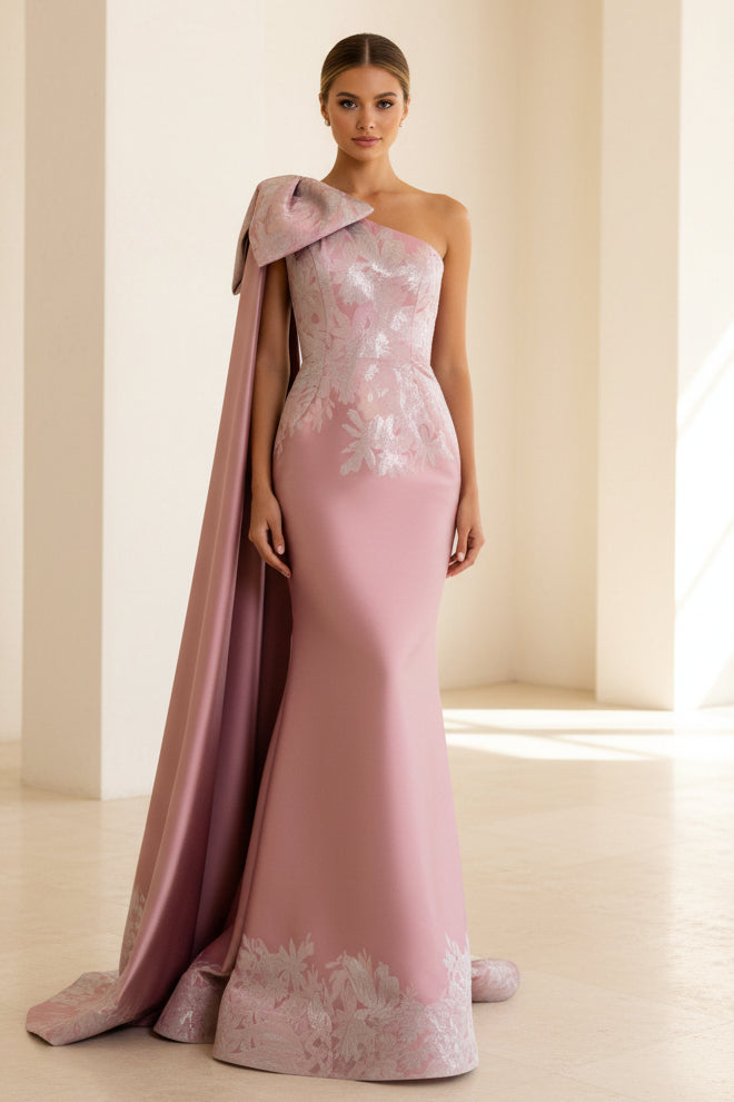 Vestido de sirena de jacquard metálico con un solo hombro
