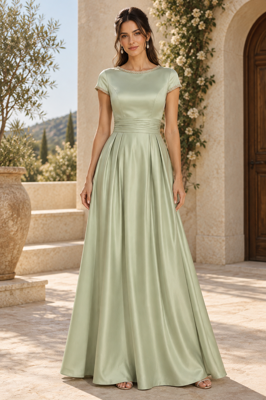 Beaded Bateau Neck A-Line Satin Formal Gown
