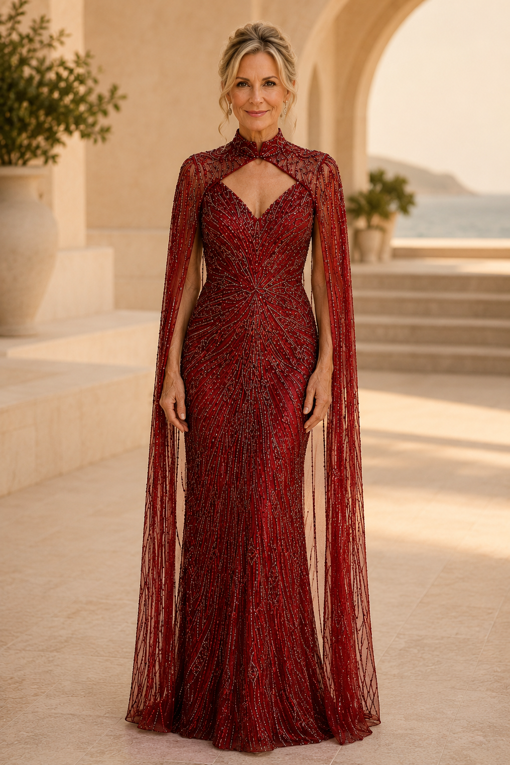 Vestido largo con cuello alto con pedrería y mangas de capa