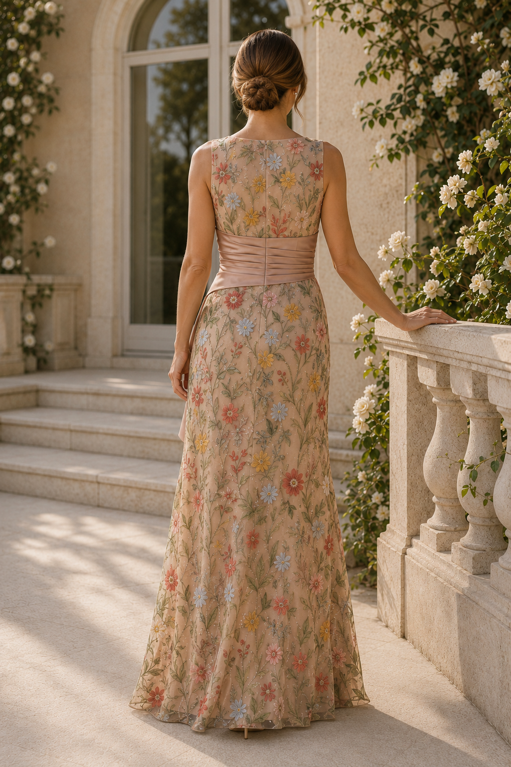 Vestido sin mangas con bordado floral y banda con volantes