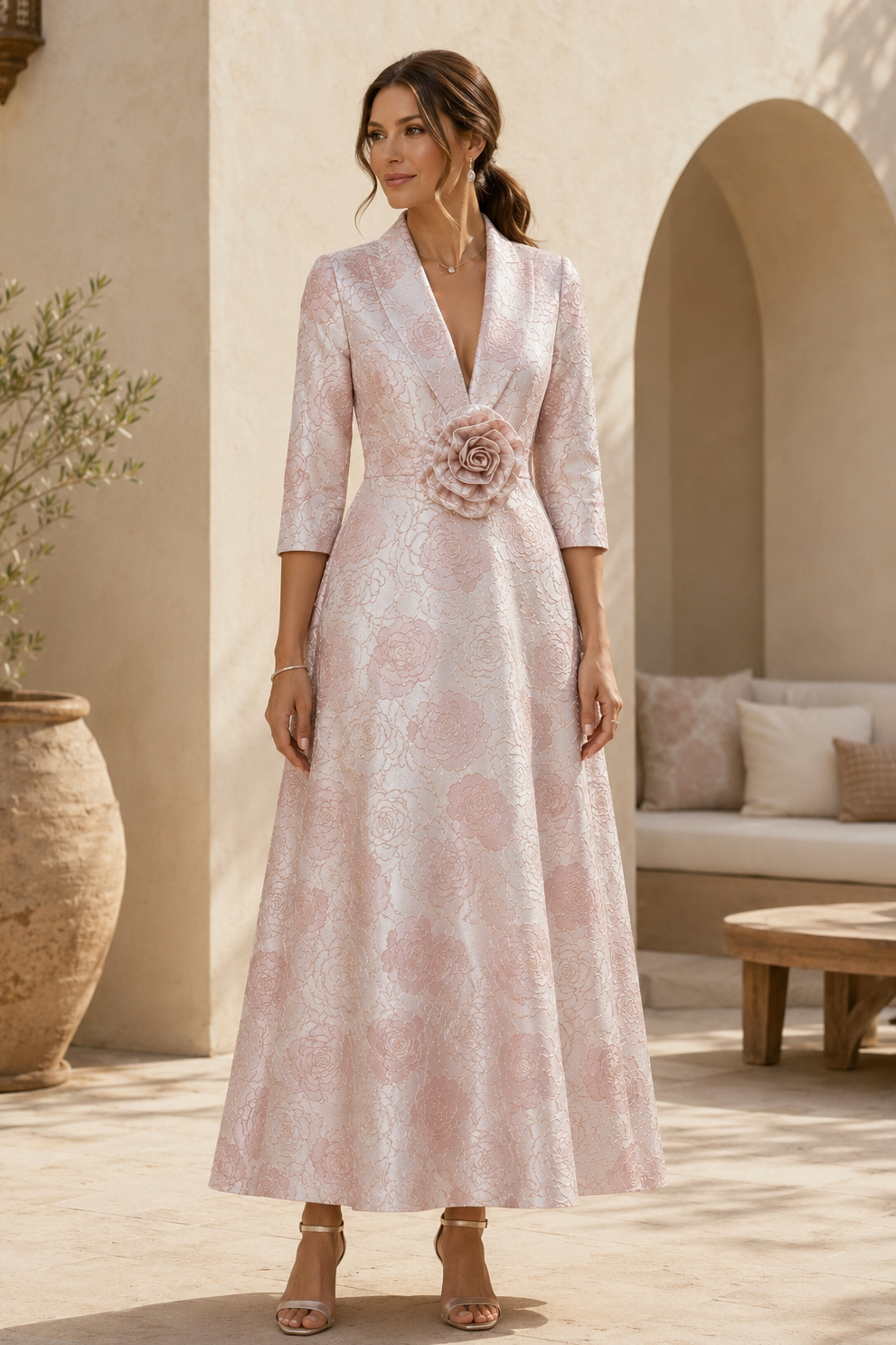 Vestido de línea A con jacquard floral y rosa 3D