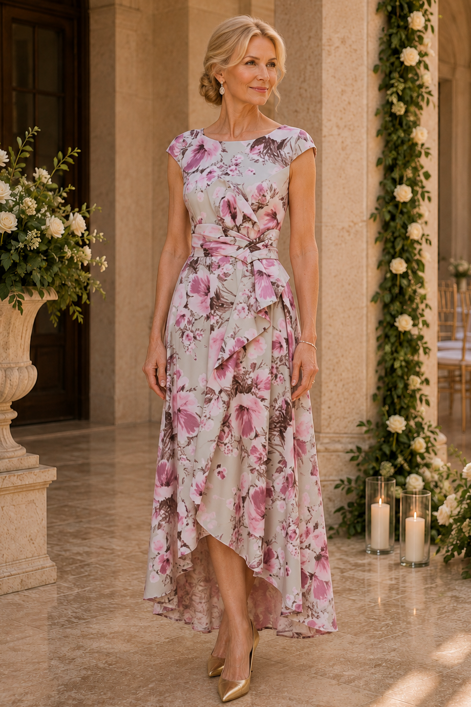 Vestido floral de corte A asimétrico con mangas casquillo