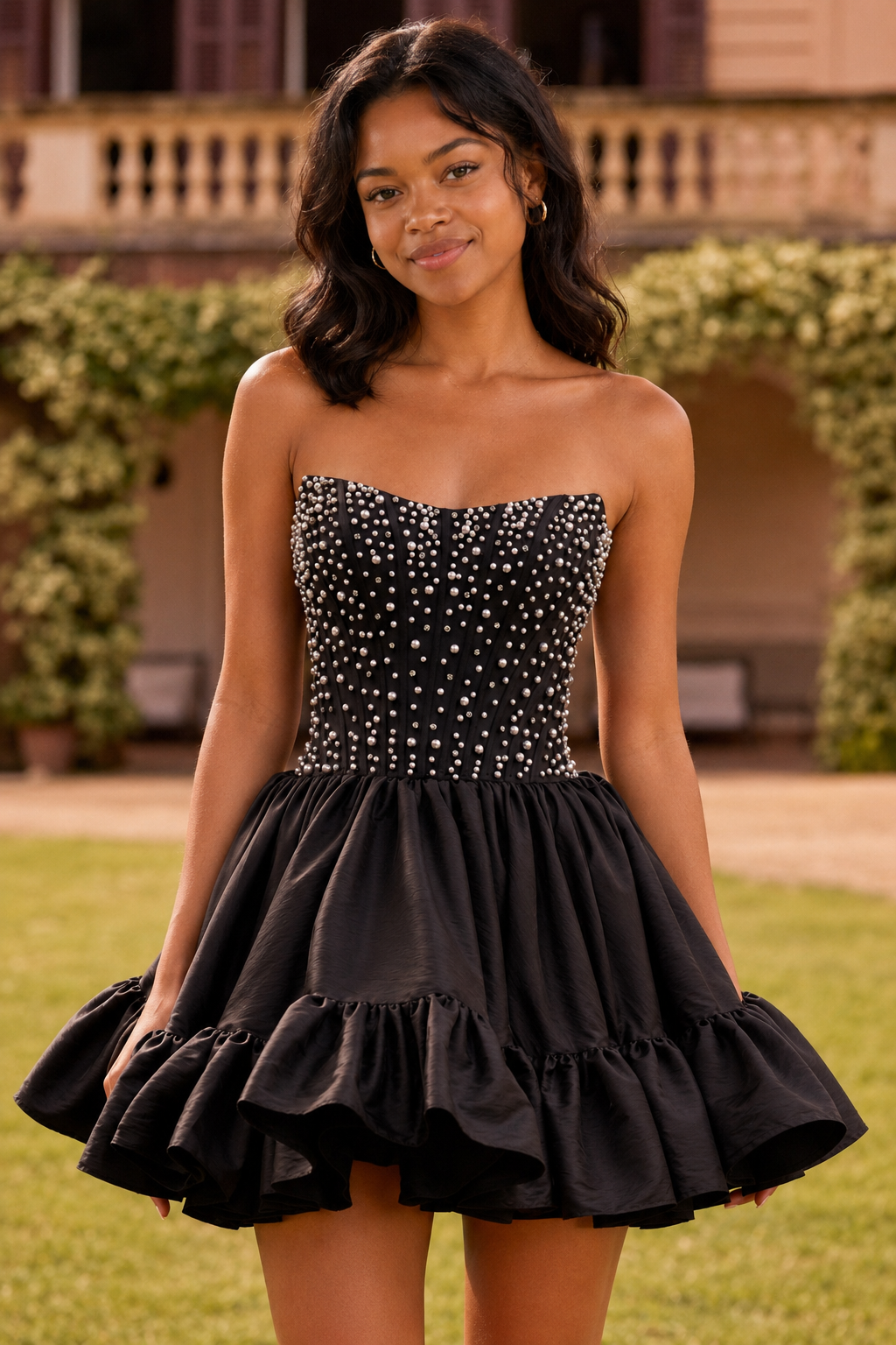 Minivestido Corsé Perlas sin Tirantes con Falda de Volantes