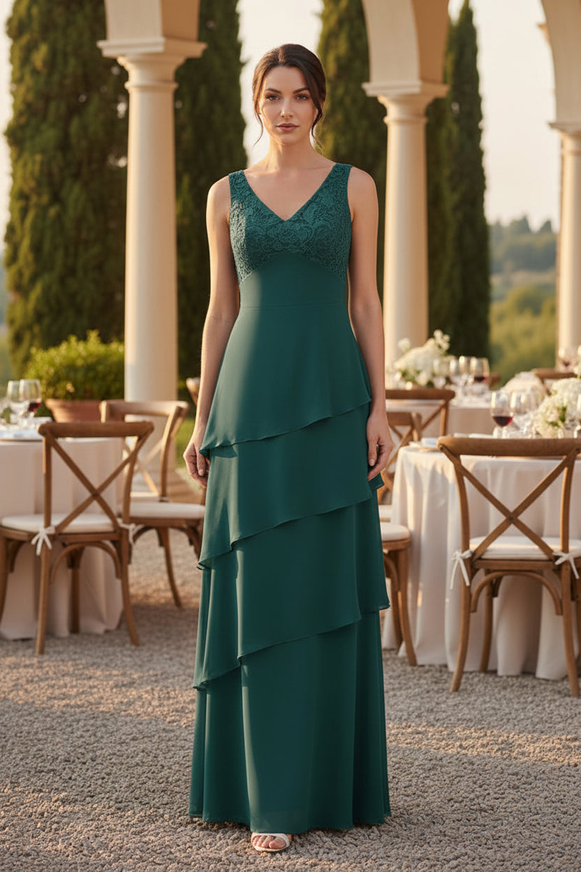 Elegante vestido de gasa escalonado con cuello en V y chaqueta