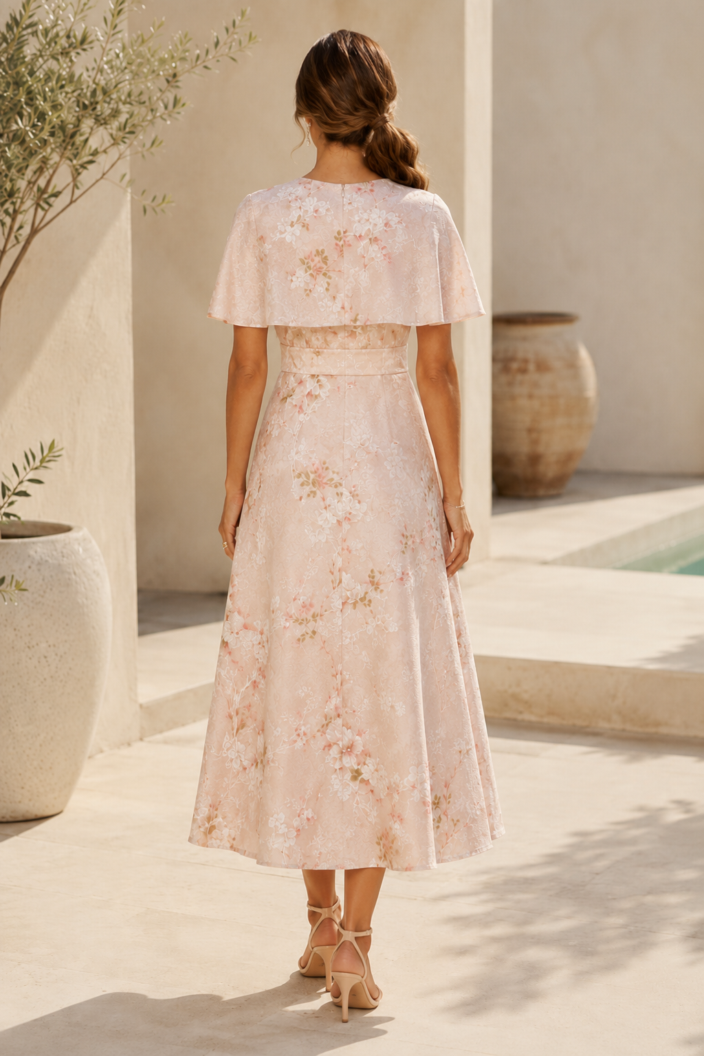 Vestido midi jacquard floral con detalle de capa