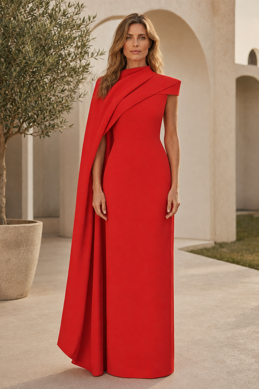 Vestido de noche asimétrico con capa y cuello alto tipo columna