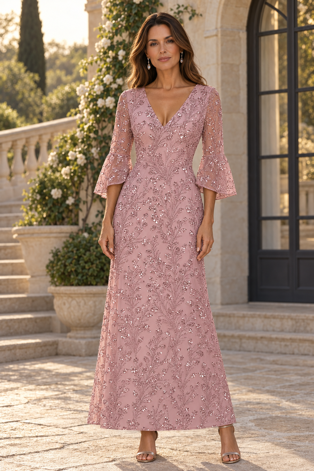 Vestido Largo con Lentejuelas, Mangas Acampanadas, Cuello en V y Corte A