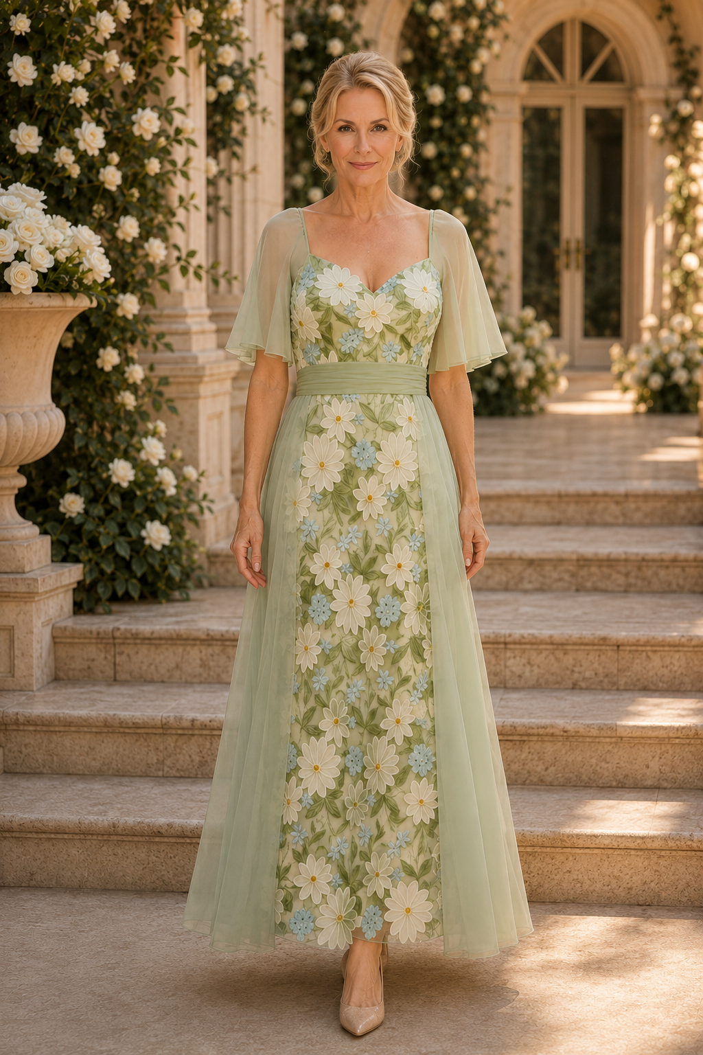 Vestido acampanado con manga de volantes y bordados florales