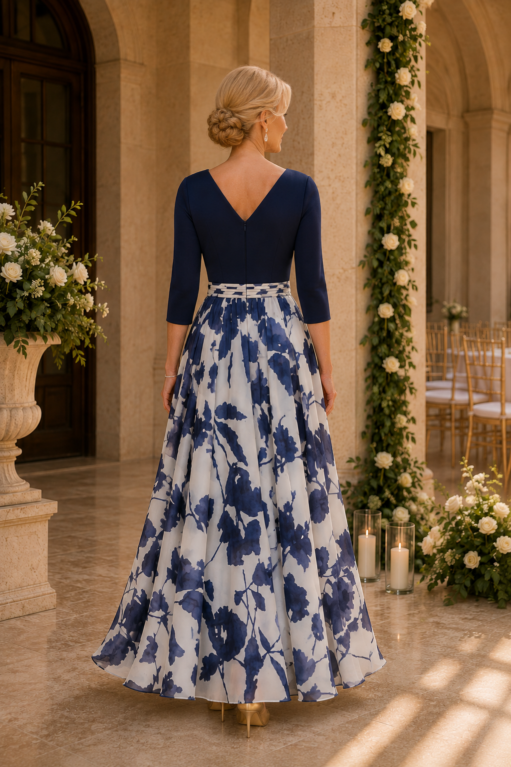 Vestido de Noche Acampanado con Estampado Floral y Mangas 3/4