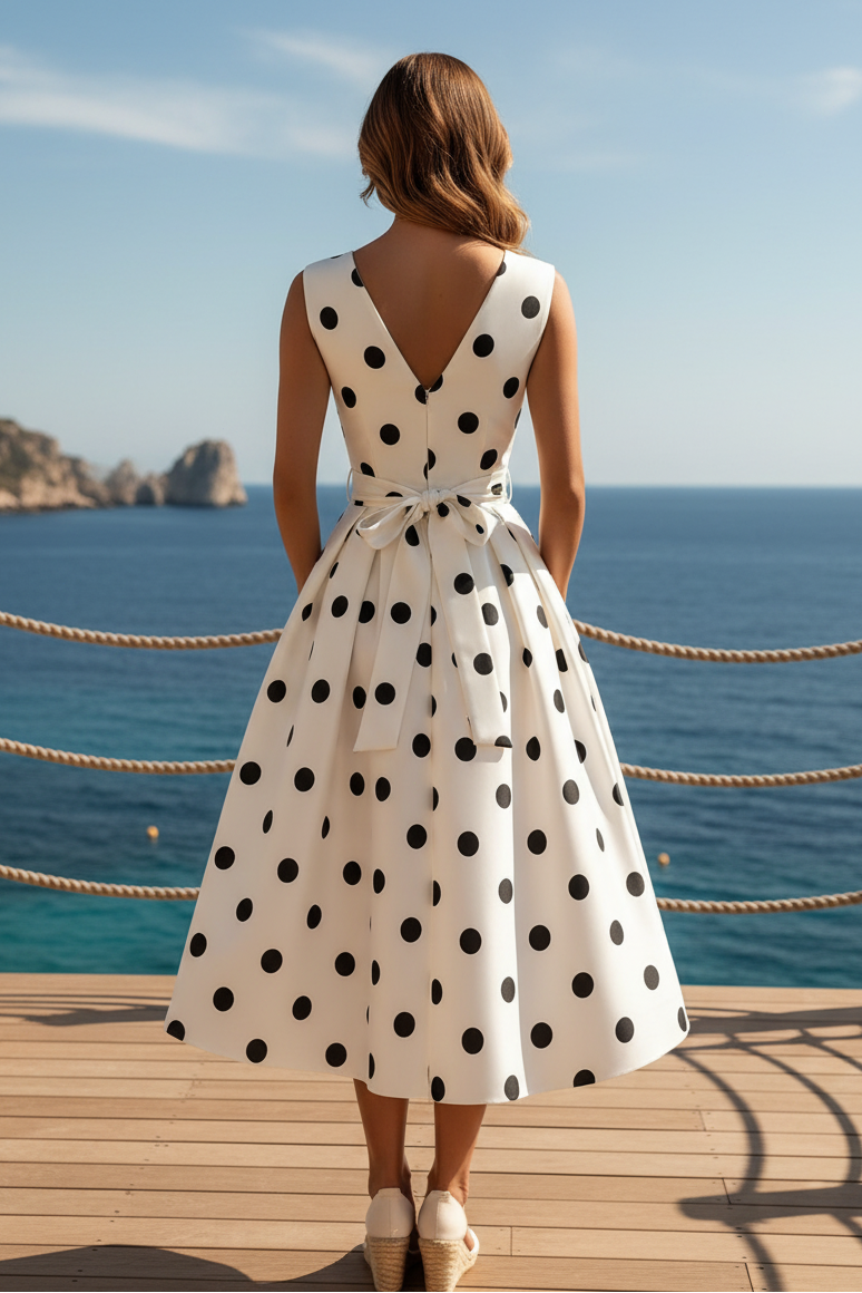 Vestido midi cruzado de lunares con cinturón