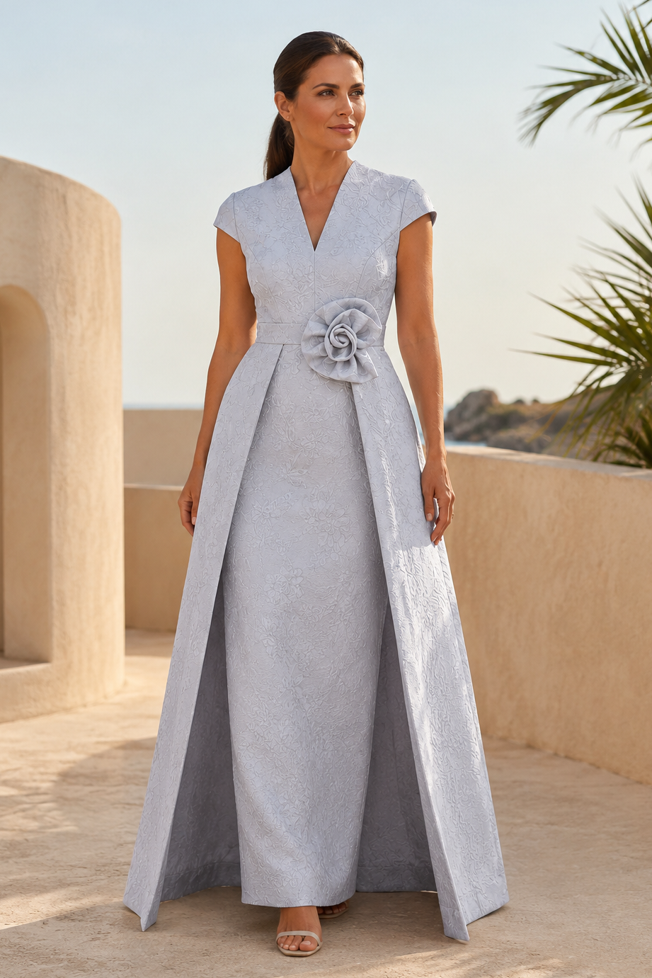 Vestido de jacquard con escote de pico y flor 3D
