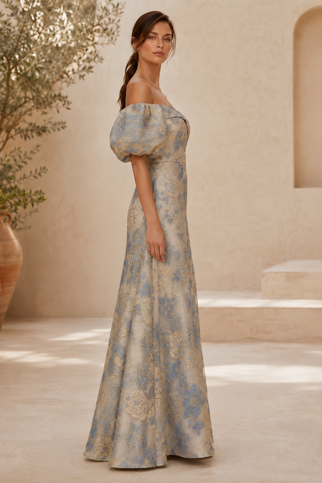 Vestido jacquard de corte A con hombros descubiertos y mangas abullonadas