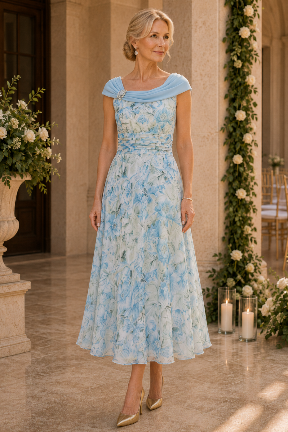 Vestido Floral a Media Pierna con Escote Drapeado