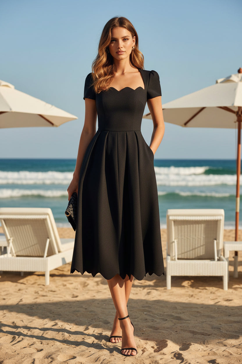 Elegante vestido midi de línea A con festones y bolsillos