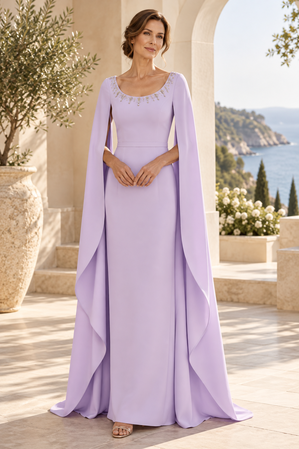 Beaded Scoop Neck Column Gown with Floor Cape Sleeves