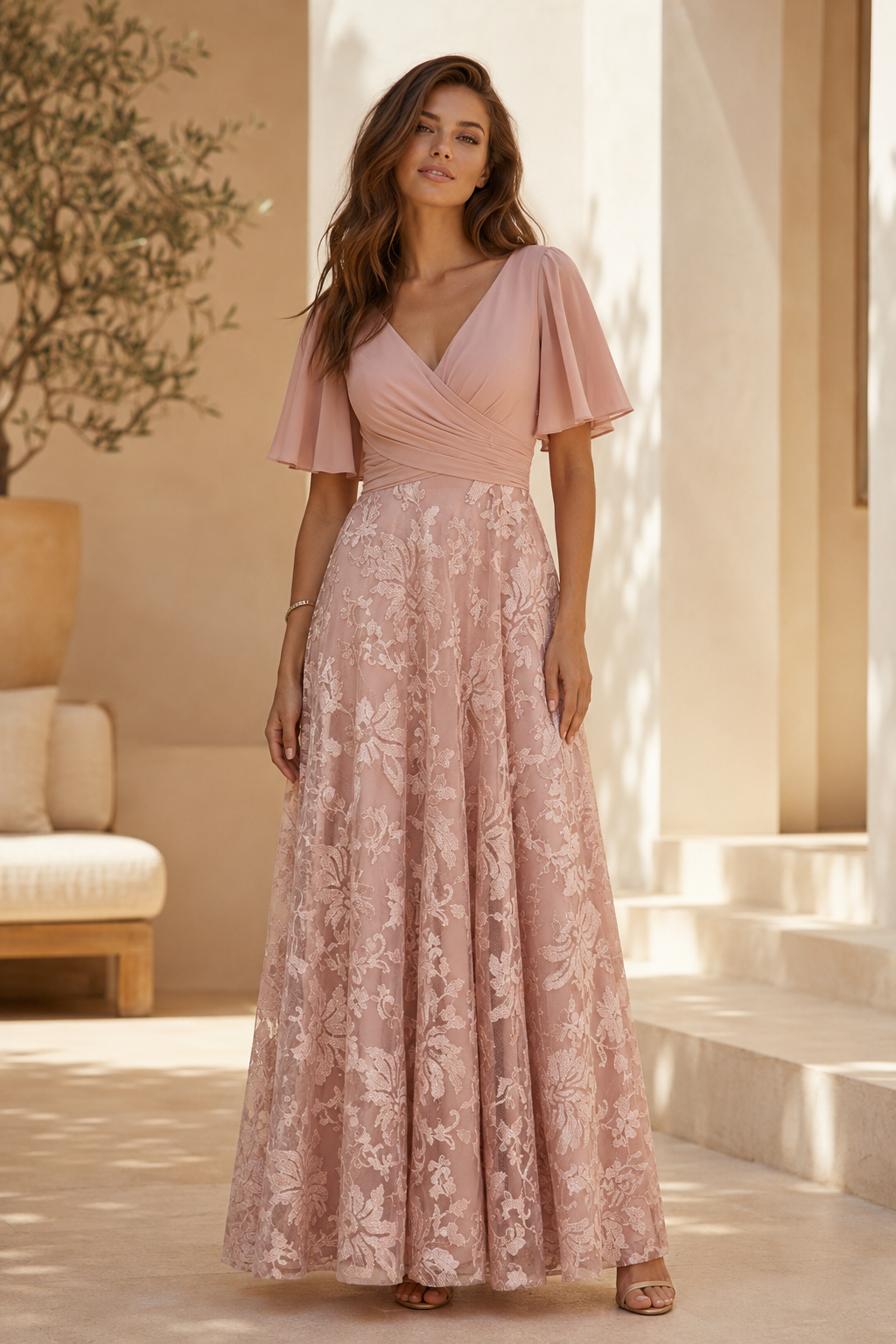 Vestido maxi de encaje con mangas de volantes y corpiño plisado