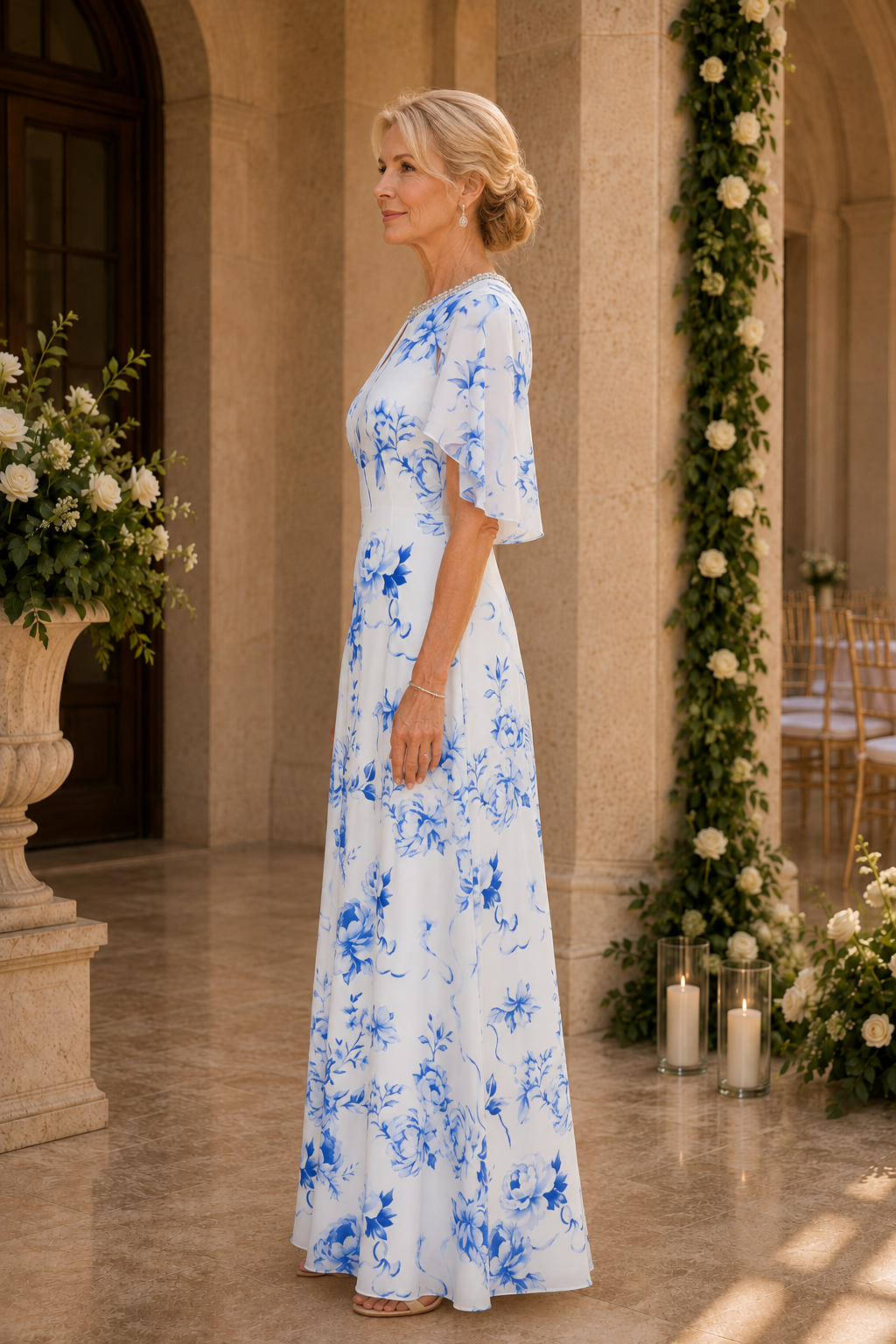Vestido acampanado floral con mangas mariposa y cuello de cuentas