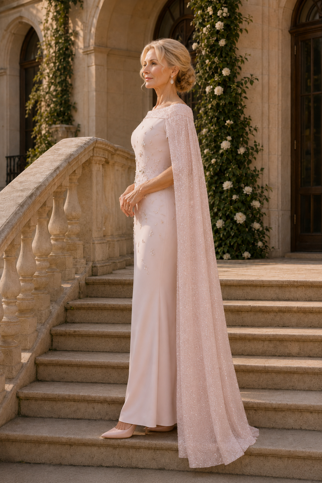 Vestido Columna con Cuentas y Capa Brillante
