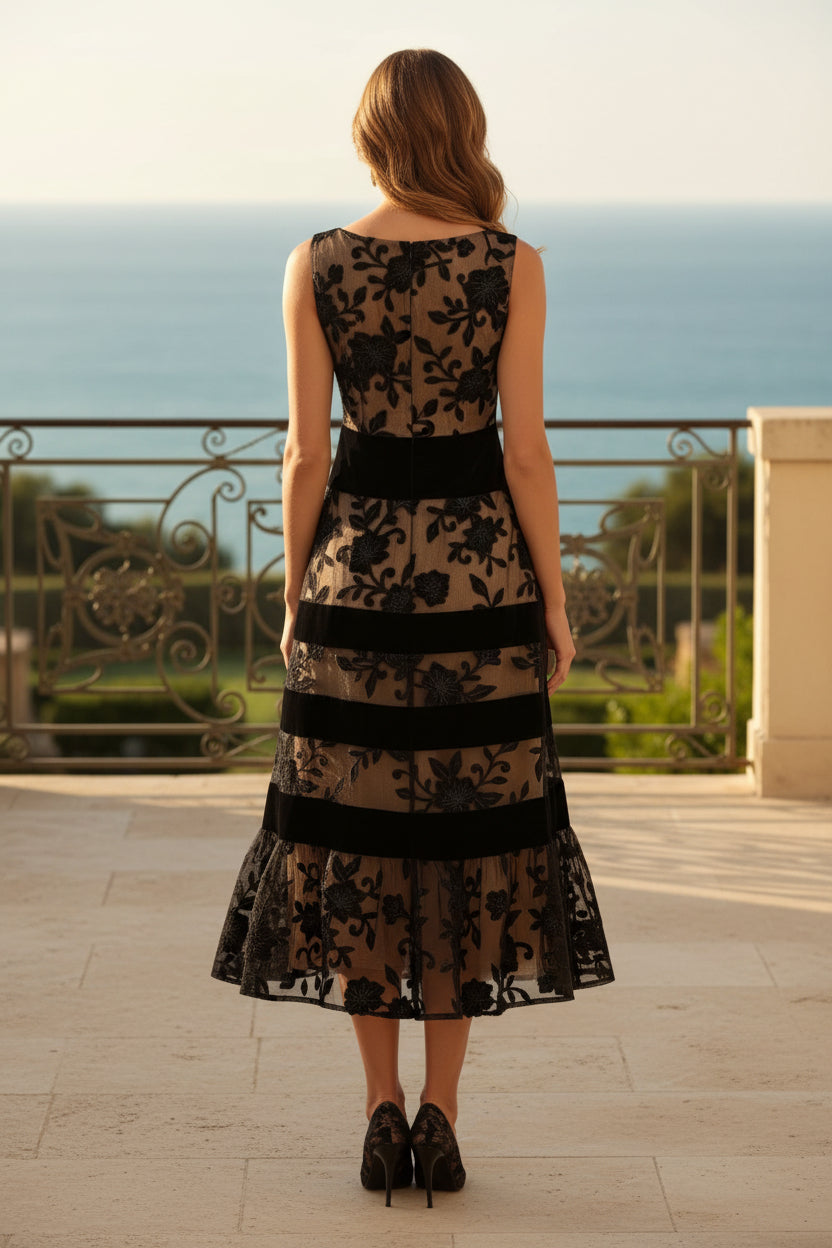 Vestido Midi Bordado Floral con Cintas de Terciopelo