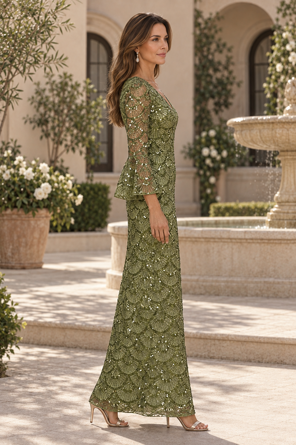 Vestido de lentejuelas con cuello en V y mangas acampanadas
