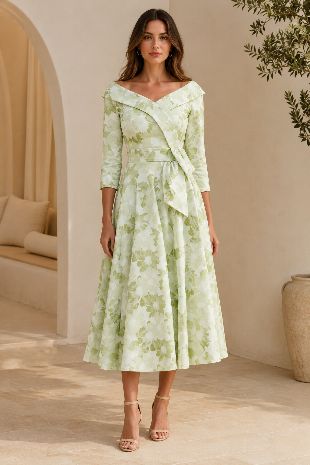 Vestido midi floral acampanado con hombros descubiertos y manga tres cuartos