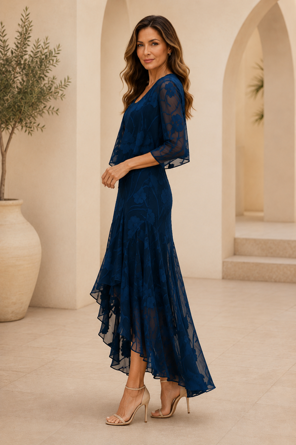 Vestido floral asimétrico con conjunto de chaqueta a juego
