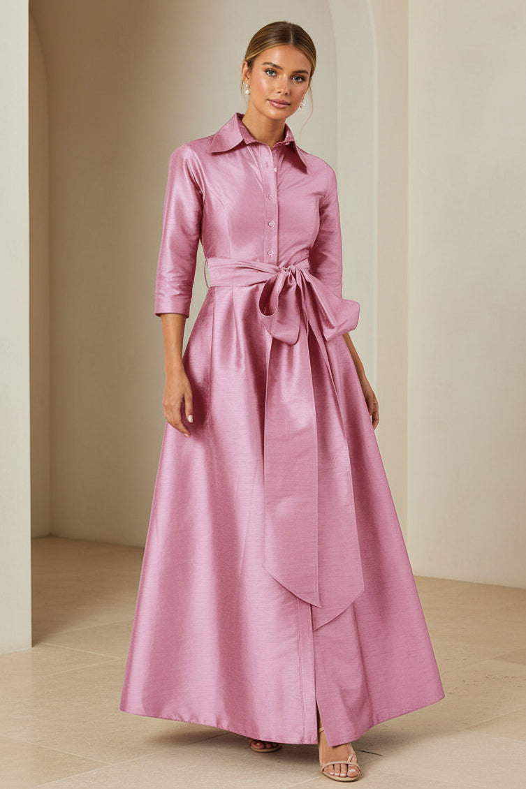 Vestido camisero maxi de tafetán con corte en A y fajín
