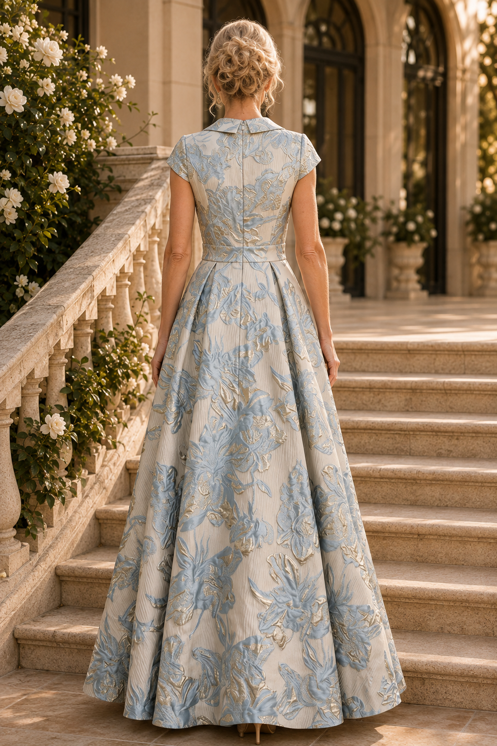 Vestido con vuelo de jacquard floral y manga casquillo