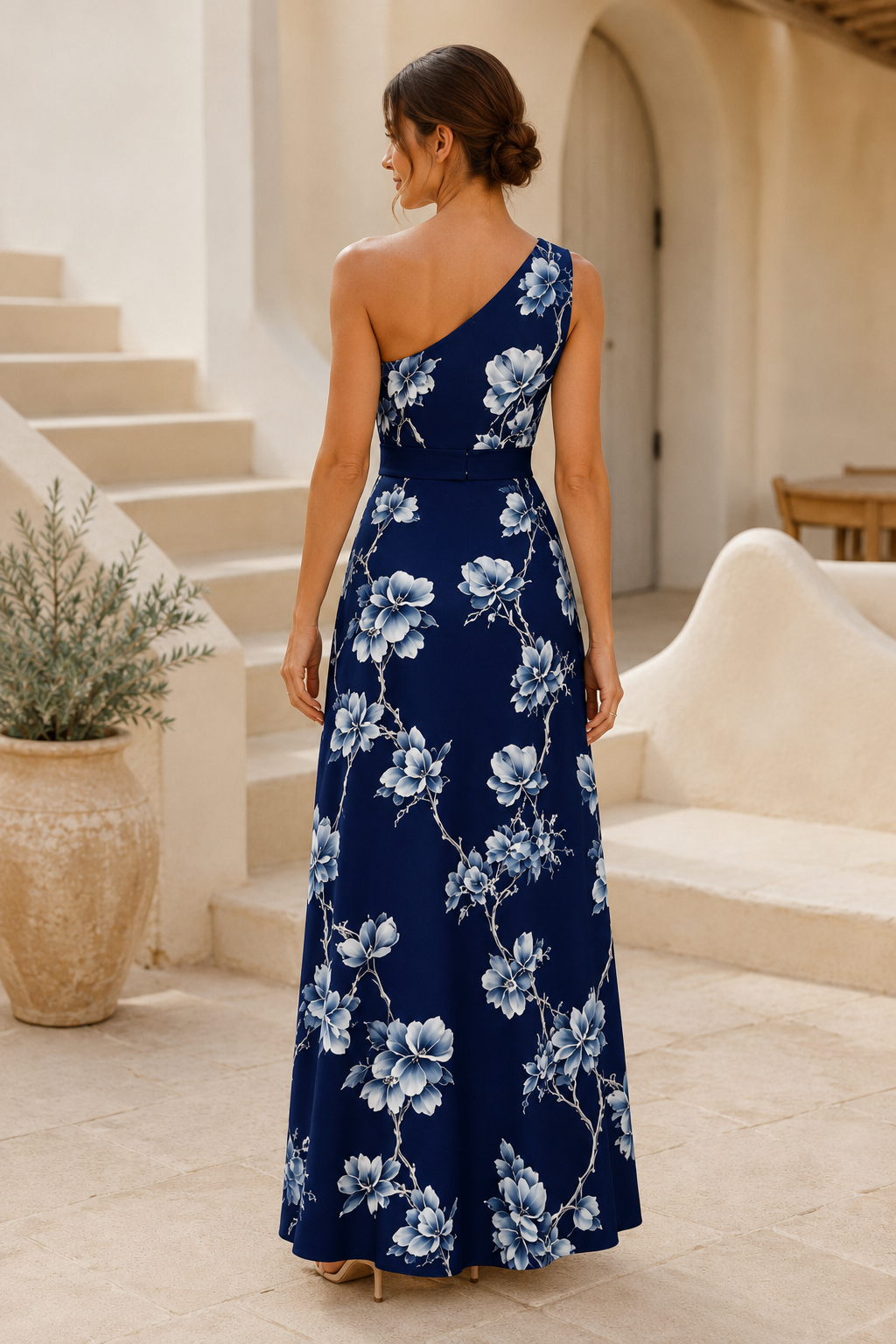 Maxivestido asimétrico con estampado floral y un hombro