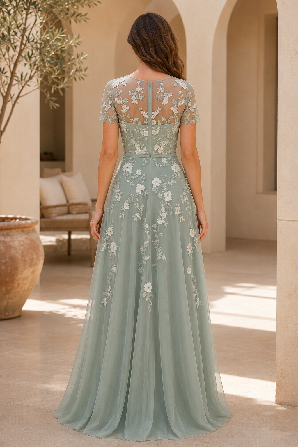 Vestido largo acampanado con bordado floral y efecto ilusión