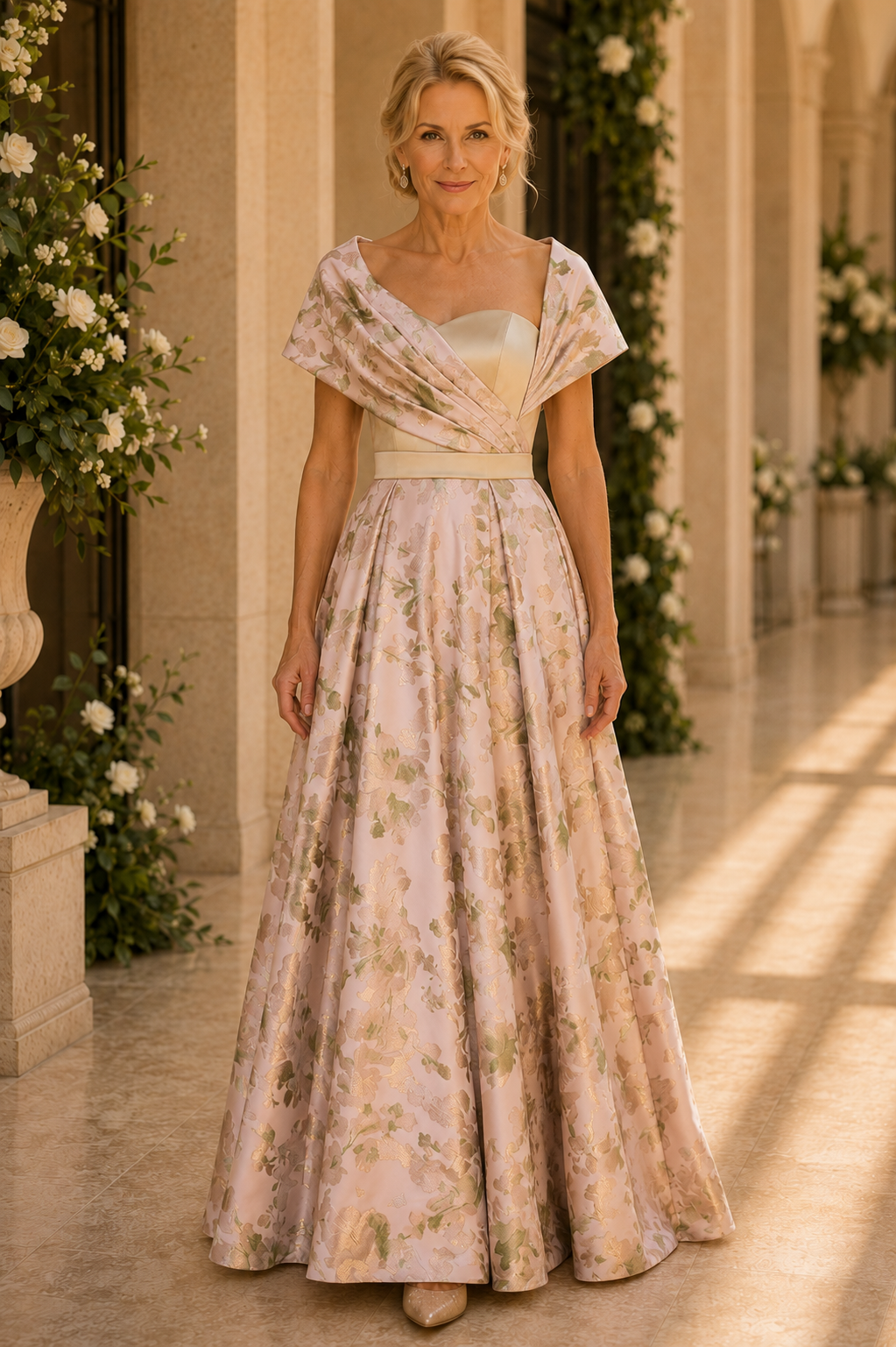 Vestido de jacquard floral corte A con escote drapeado