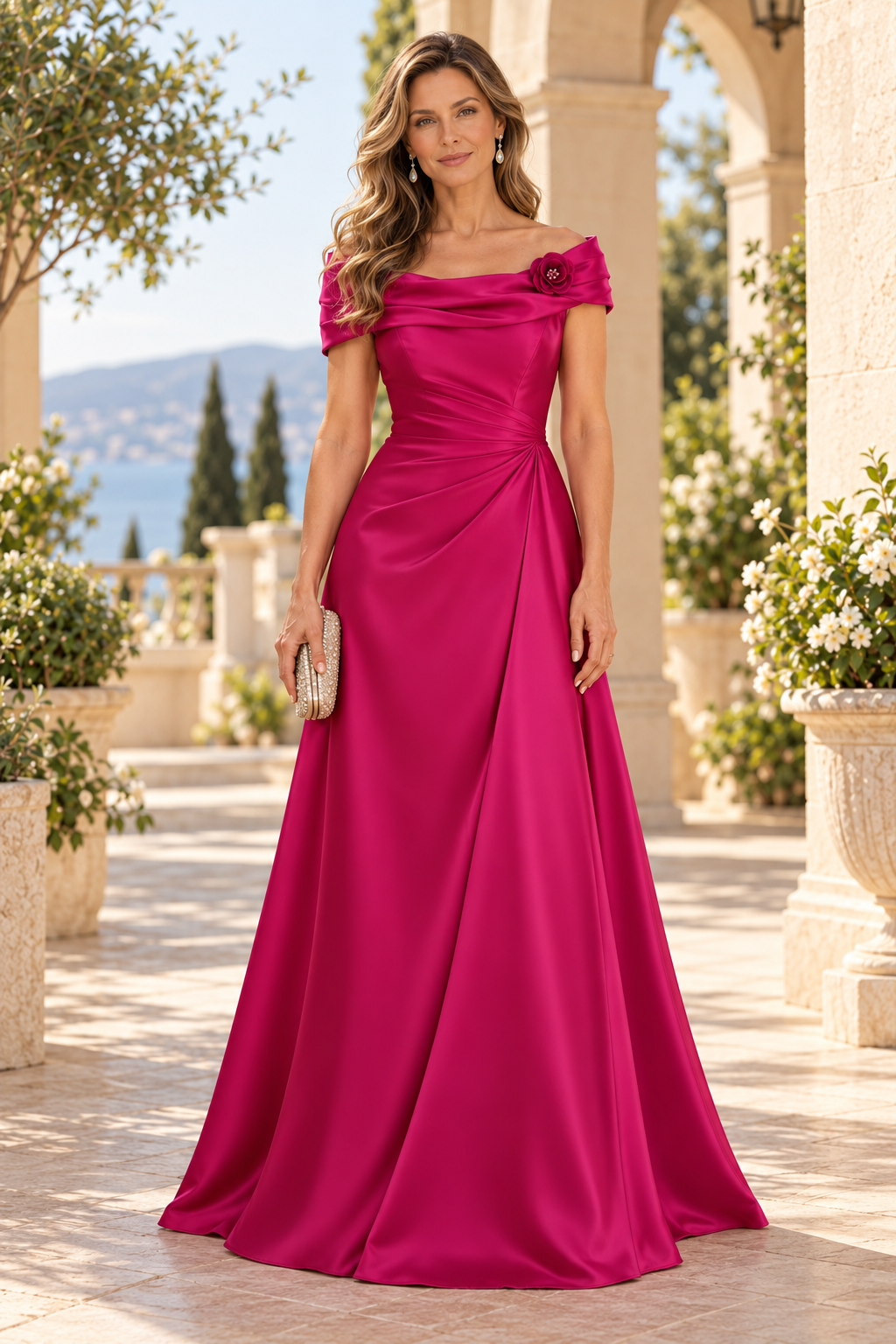 Off-the-Shoulder Pleated Satin A-Line Gown