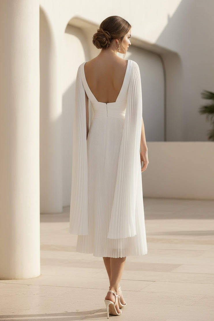 Vestido Midi con Escote en V y Capa Plisada en las Mangas