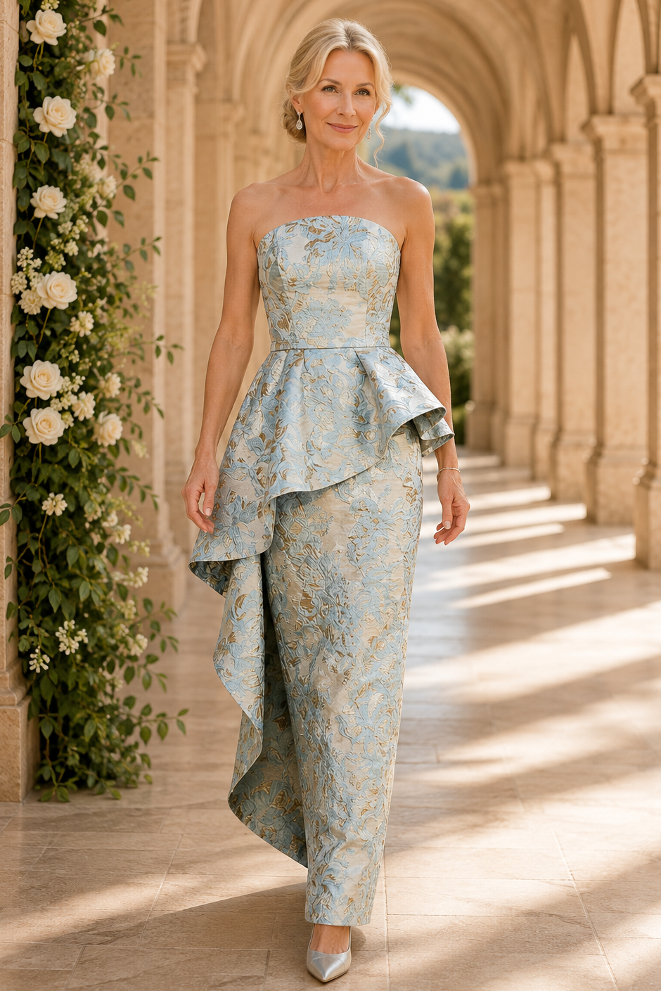 Vestido Columna Jacquard sin Tirantes con Volante en Cascada