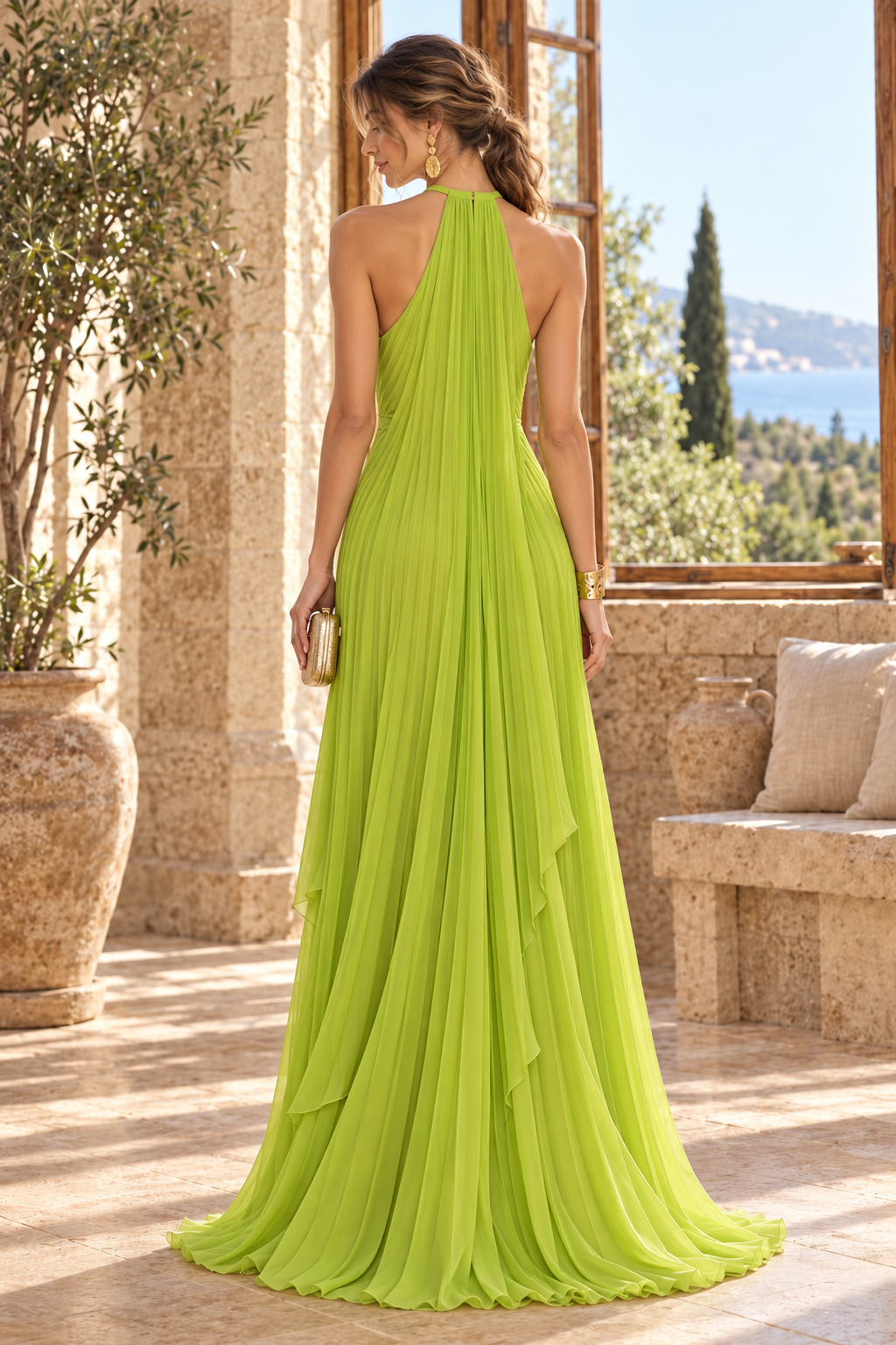 Pleated Halter Maxi Dress with Wrap Slit Skirt