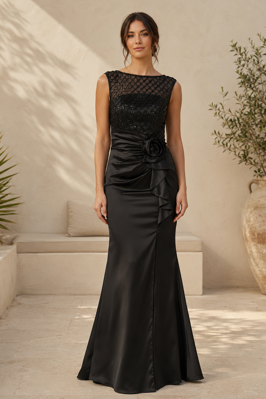 Vestido de Noche Sirena con Corsé Ilusión y Detalles Florales