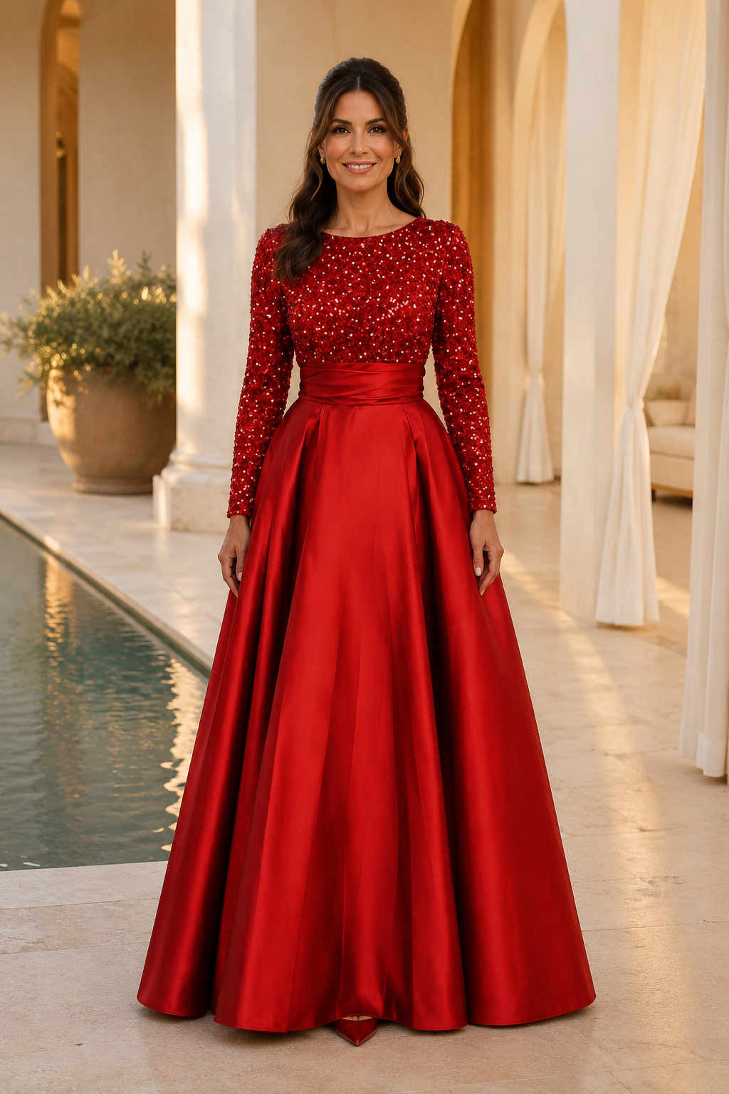 Vestido de gala de satén plisado de manga larga con cuentas